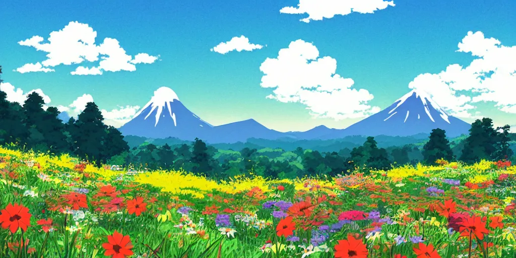 Prompt: a peaceful mountain overlooking a field, colorful flowers, studio ghibli