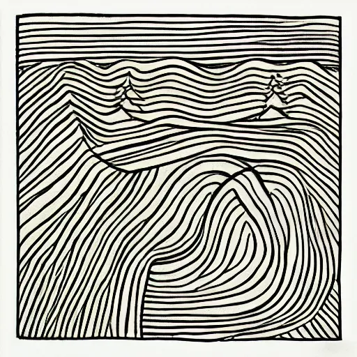 Image similar to umber by marjane satrapi angular. a river scene. the river is represented by a line winding through the center of the mixed mediart. the banks of the river are represented by two lines, one on each side.