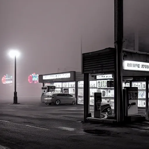Prompt: a convenience store at a gas station in the dark and misty night, observed from afar in the fog, cyberpunk style ( 2 0 6 0 )