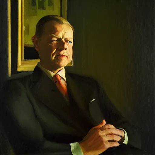 Image similar to high quality oil painting portrait of Richard Durbin by Edward Hopper, dark background, high fantasy, perfect lighting