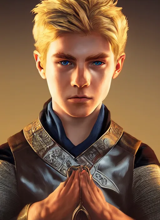 Prompt: An epic fantasy comic book style portrait painting of a young blonde boy thief in the style of the wheel of time, unreal 5, DAZ, hyperrealistic, octane render, cosplay, RPG portrait, dynamic lighting