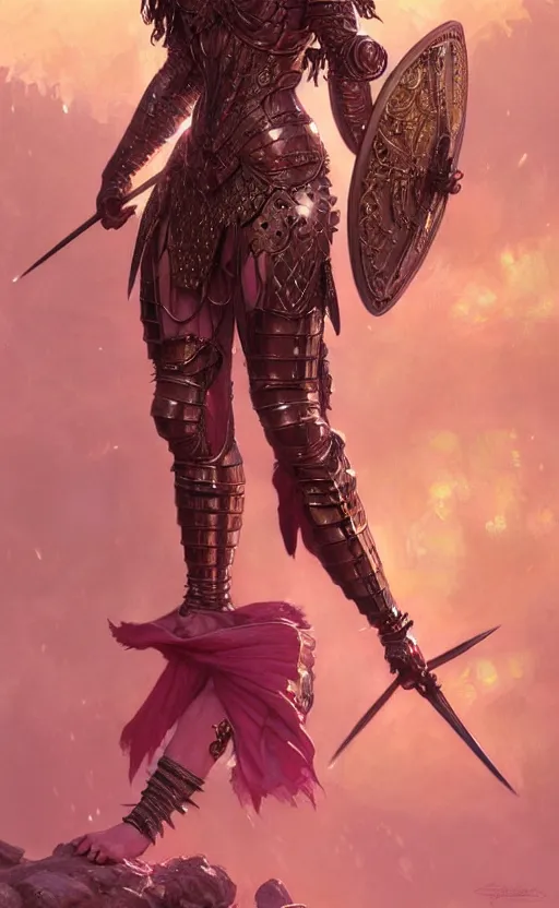 Image similar to Gothic muscular warrior queen in pink and gold mythical heavy armor of thick steel plates, fantasy, highly detailed, digital painting, artstation, concept art, smooth, sharp focus, illustration, art by artgerm and greg rutkowski and alphonse mucha