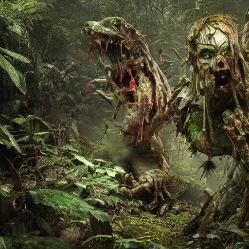 Prompt: zombies in a rain forest, hyper detailed, dramatic lighting, cgsociety, realistic, hyper detailed, insane details, intricate, dramatic lighting, hypermaximalist, golden ratio, rule of thirds, octane render, weta digital, micro details, ultra wide angle, artstation trending, 8 k,