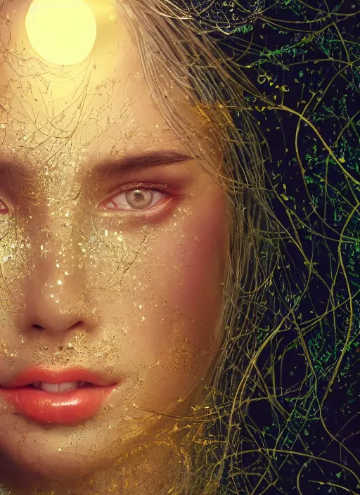 Prompt: glowing silver and golden elements, full close-up portrait, young model from shutterstock as a dark witch in front of the full big moon, book cover, green forest, red white black colors, establishing shot, extremly high detail, photo-realistic, cinematic lighting, pen and ink, intricate line drawings, by Yoshitaka Amano, Ruan Jia, Kentaro Miura, Artgerm, post processed, concept art, artstation, matte painting, style by eddie, raphael lacoste, alex ross