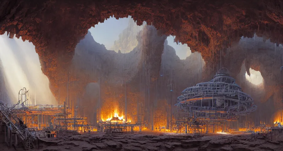 Image similar to a highly detailed digital matte painting of a high-tech smelting pit in a cave, workers, long wide systems of pipes, huge vats, by Raphael Lacoste and Stephan Martiniere and Peter Mohrbacher and Robert McCall, volumetric lighting, hyperdetailed, octane render, 8k H- 640