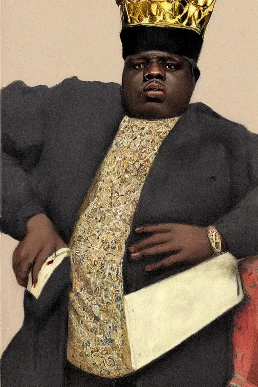 Image similar to portrait of biggie smalls with kings crown and royal outfit, modern, european, eclectic, illustration, by ramon casas