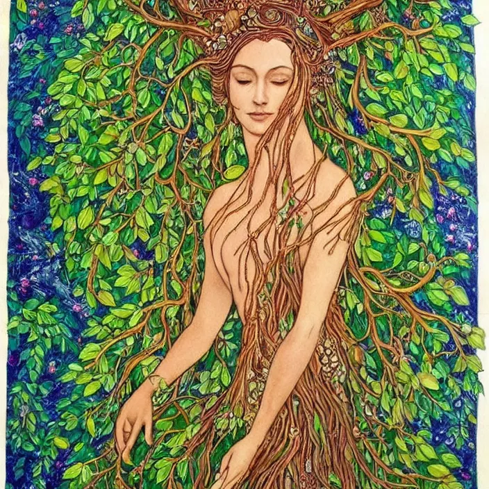 Prompt: a beautiful nature goddess as the tree of life, her legs are the roots into the earth, her arms are the branches that reach above to the heavens, surrounded by a luminescent light and array of colour, hyper - realistic, highly detailed