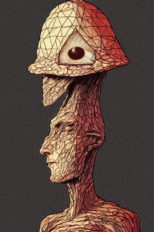 Image similar to portrait of triangular mushroomfolk head and shoulders with single centered giant bloodshot eye, in the style of Greg Broadmore and Arthur Rackham and Moebius, trending on artstation, light lighting side view,digital art,surrealism ,macro,blueprint ,vaporwave ,