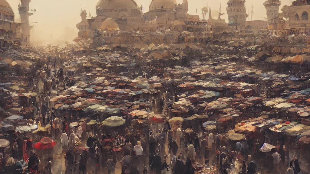 Prompt: Crowded arabic grand bazaar square filled with marketplace stand tents, papyrus, watercolored, jakub rozalski, dark colours, dieselpunk, artstation