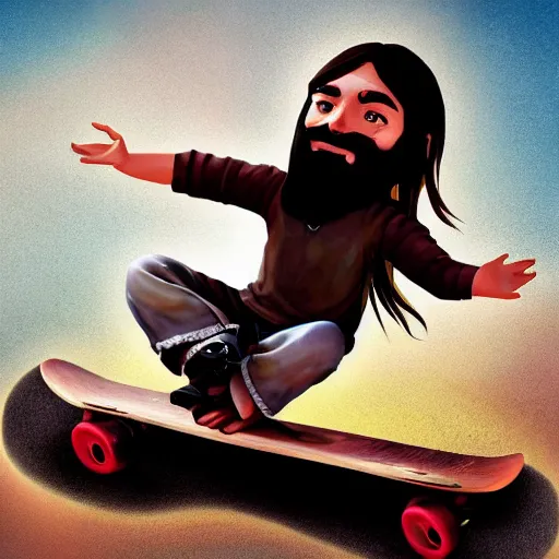 Prompt: photo of jesus christ riding a skateboard, digital art, artstation