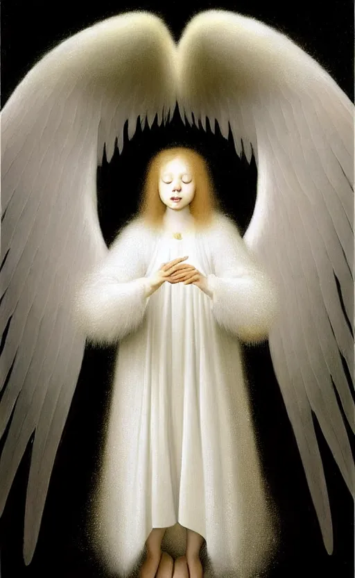 Image similar to highdetailed hyperrealistic painting of white angel!!! no gender!!!, giant ball of miracle light from the chest!!!!!, white sparkles everywhere, 4 k hd fur face!!!, big wings, by jan van eyck, holography space, glow effect, large strokes, white monochrome color!!!!!