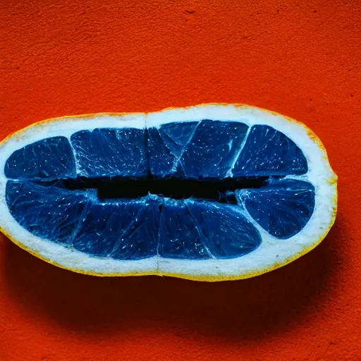 Image similar to A blue orange sliced in half laying on a blue floor in front of a blue wall