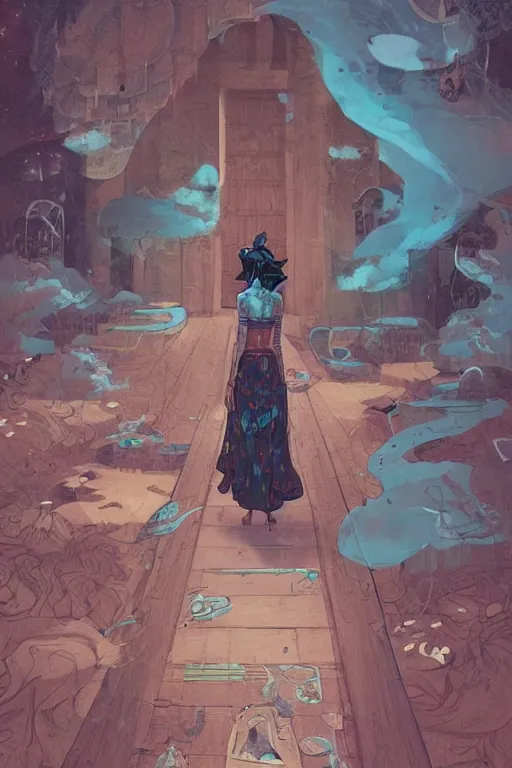 Image similar to a girl walking to a giant wooden door with archaic symbols embedded onto, digital art, very graphic illustration by peter mohrbacher and victo ngai, colorful comics style