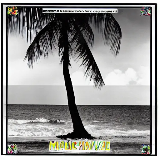 Prompt: miracle musical Hawaii part ii album cover, showing an ocean in the background, spiral transparent stairs on the left with tall palm trees behind it, a slight rainbow in the background, white outline border, moon in the right top area black and white except for the rainbow album cover rainbow text in the center reading Hawaii part ii, 80s Japanese