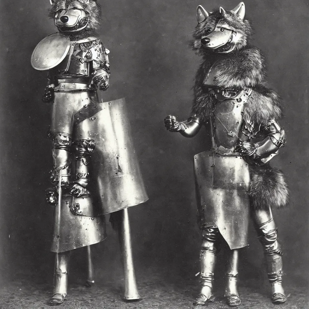 Image similar to anthropomorphic furry wolf in suit of armor, 1900s photograph