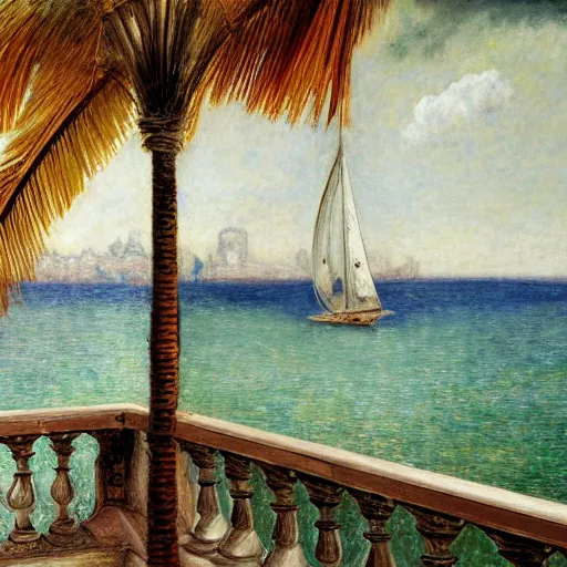 Prompt: a ultradetailed beautiful painting of a sail boat in the amazonas palace balustrade designed by jules bastien - lepage, tarsila do amaral, frank weston and gustave baumann, beach, trending on artstation, mediterranean, palm trees, sharp focus, soft light, 8 k 4 k