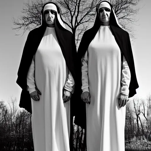 Image similar to award winning photo Floating twin nuns wearing translucent habits Very long arms, in a sanctuary, eerie, frightening —width 1024 —height 1024