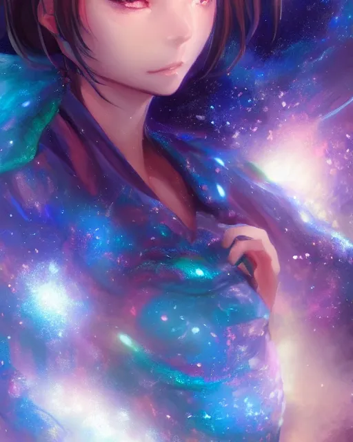 Image similar to A realistic anime portrait of a beautiful cosmic woman with glowing blue eyes and skin made of universes wearing clothes made of galaxies, digital painting, by Stanley Artgerm Lau, Sakimichan, WLOP and Rossdraws, digtial painting, trending on ArtStation, SFW version