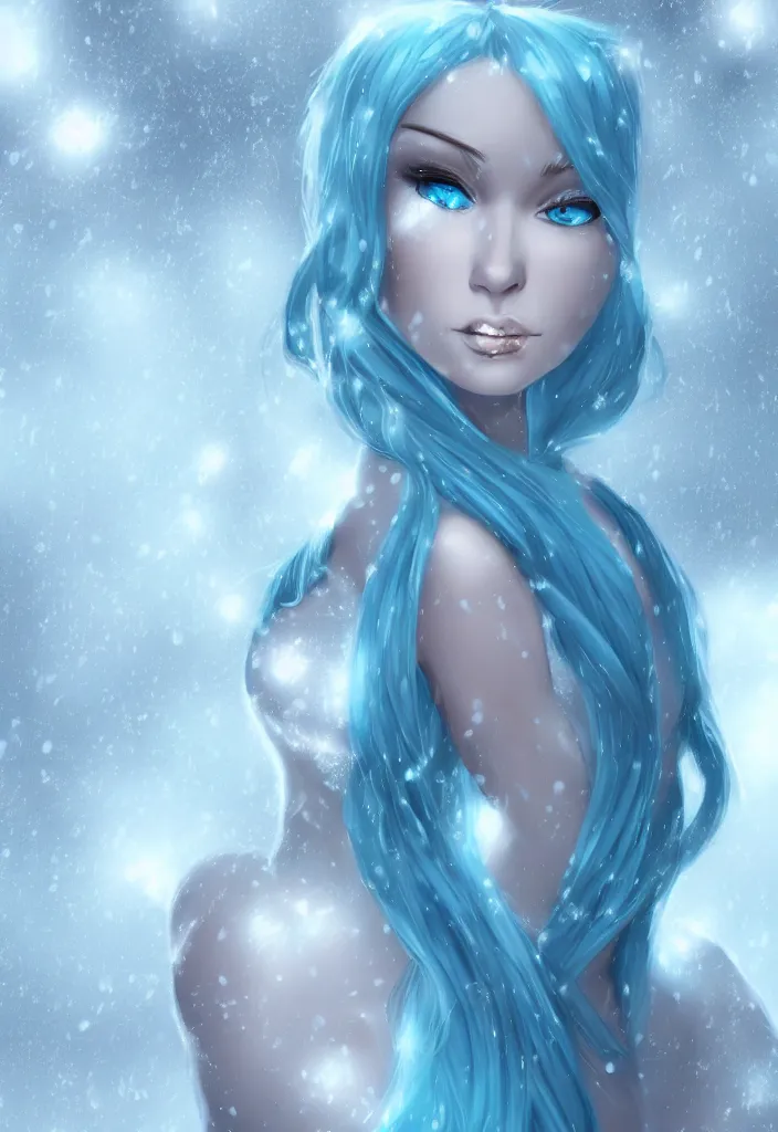 Image similar to a stunningly beautiful woman with pale blue hair wearing a dress made out of snowflake in the middle of a snowstorm. award - winning digital art, trending on artstation