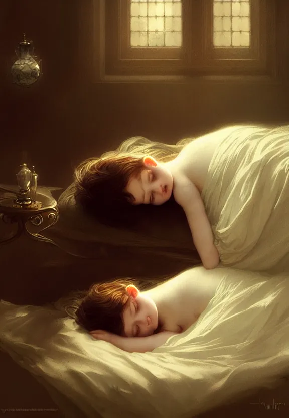 Image similar to innocent child sleeping in a moody beautiful victorian bedroom, fantasy magic, dark light night, intricate, elegant, sharp focus, illustration, highly detailed, digital painting, concept art, matte, art by wlop and artgerm and greg rutkowski and alphonse mucha, masterpiece