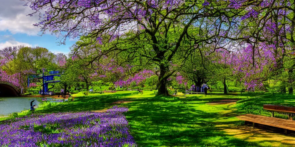 Image similar to a park filled with banks of bluebell flowers and a couple benches, containing a lake surrounded by a cobblestone walking path and crossed by a big beautiful sinuous bridge, scenery wallpaper, stylized, unsettling, and brilliantly colorful, haunted, dream-like, emotional, dramatic, romantic landscape, a few small shops here and there