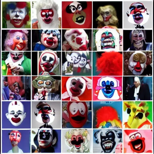 Image similar to a collage of clown pictures that make donald trumps face