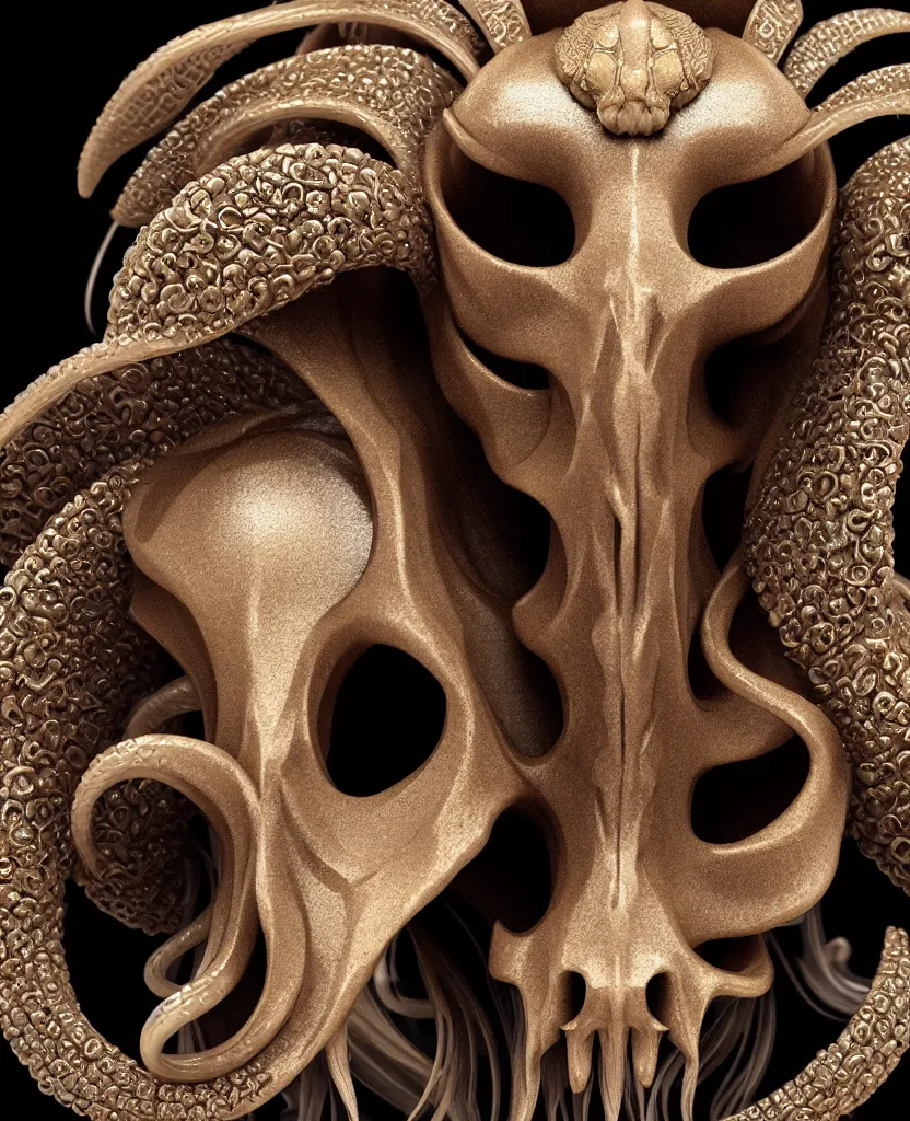 Image similar to goddess princess face close-up portrait ram skull. sculpture made of black clay and gold. jellyfish phoenix head, nautilus, orchid, skull, betta fish, bioluminiscent creatures, intricate artwork by Tooth Wu and wlop and beeple. octane render, trending on artstation, greg rutkowski very coherent symmetrical artwork. cinematic, hyper realism, high detail, octane render, 8k