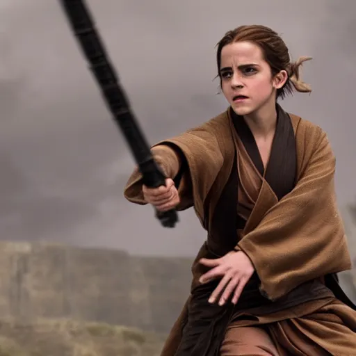 Image similar to emma watson as a jedi knight in battle, high high high quality