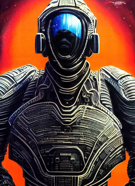 Prompt: handsome black man, cyber suit, character portrait, portrait, close up, concept art, intricate details, highly detailed, vintage sci - fi poster, retro future, vintage sci - fi art, in the style of chris foss, rodger dean, moebius, michael whelan, katsuhiro otomo, and gustave dore