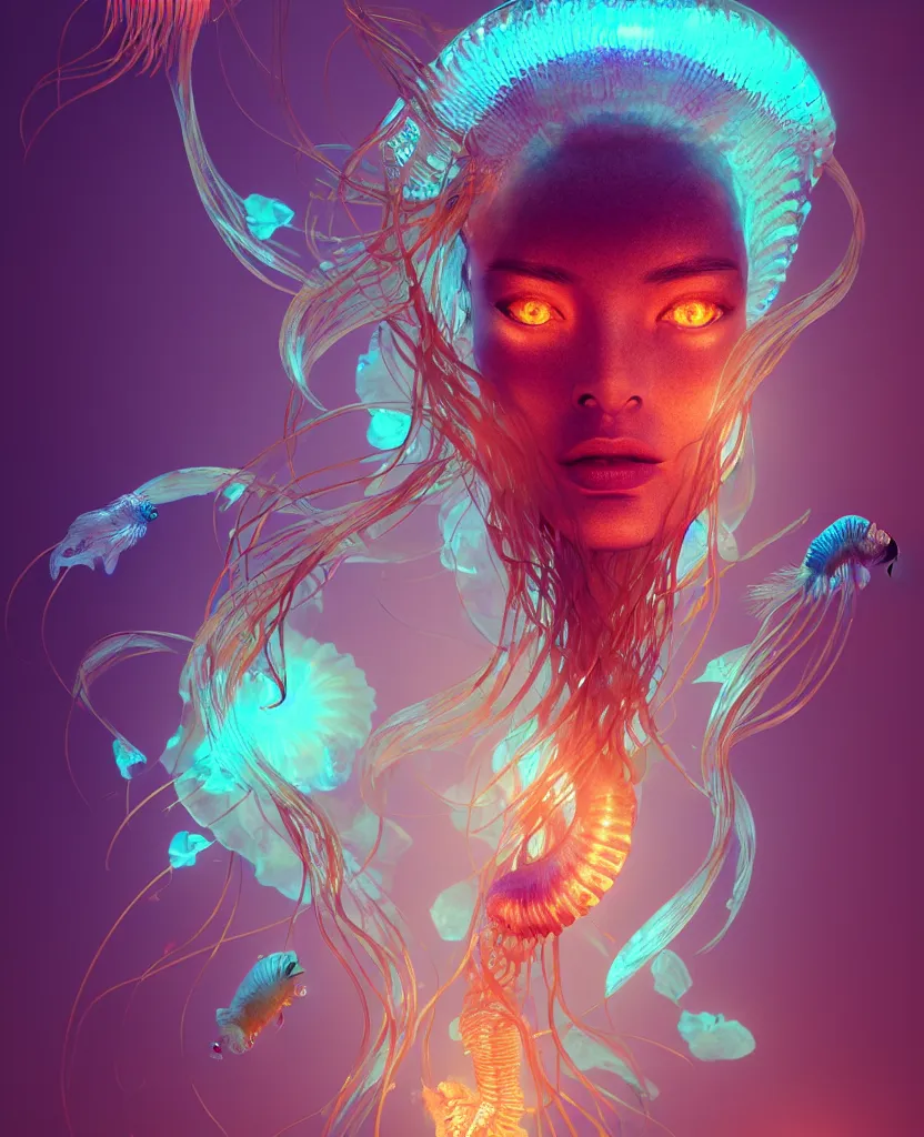 Image similar to goddess close-up portrait. orchid jellyfish phoenix head, nautilus, skull, betta fish, bioluminiscent creatures, intricate artwork by Tooth Wu and wlop and beeple. octane render, trending on artstation, greg rutkowski very coherent symmetrical artwork. cinematic, hyper realism, high detail, octane render, 8k