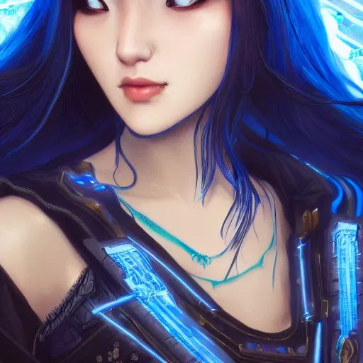 Prompt: closeup portrait of a young asian Cyberpunk woman with dark blue hair, fantasy, intricate, elegant, highly detailed, digital painting, artstation, concept art, matte, sharp focus, illustration, hearthstone, art by Artgerm and Gred Rutkowski and Alphonse Mucha