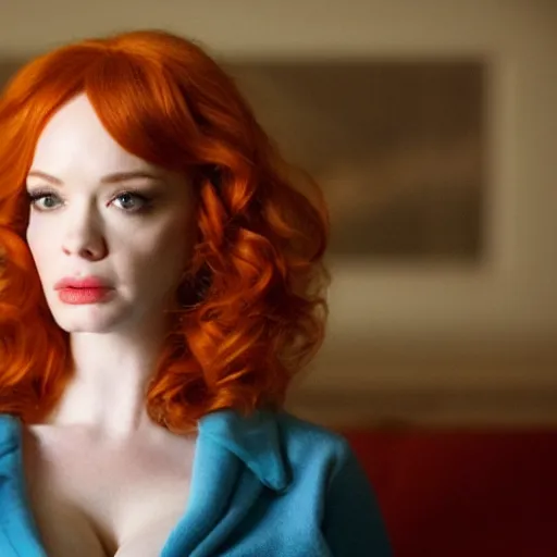 Image similar to amazing beautiful Christina Hendricks with puffy lips in the living room, film still from the movie directed by Denis Villeneuve , wide lens