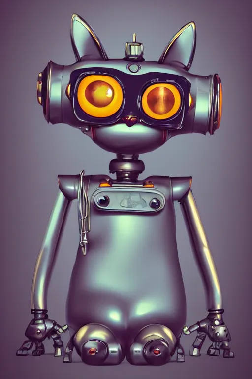 Image similar to a cute cat robot, painted by wally wood and matt jefferies, trending on artstation, steam punk, bright macro view pixar, award - winning, blueprint, big eyes, copper wire whiskers, chillwave, realism