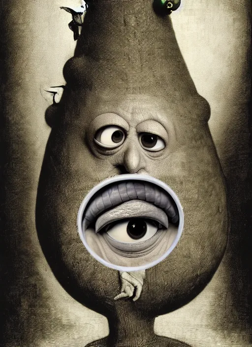 Prompt: photograph of mike wazowski by hieronymus bosch, joel peter witkin, misha gordin, gustave dore, matte painting