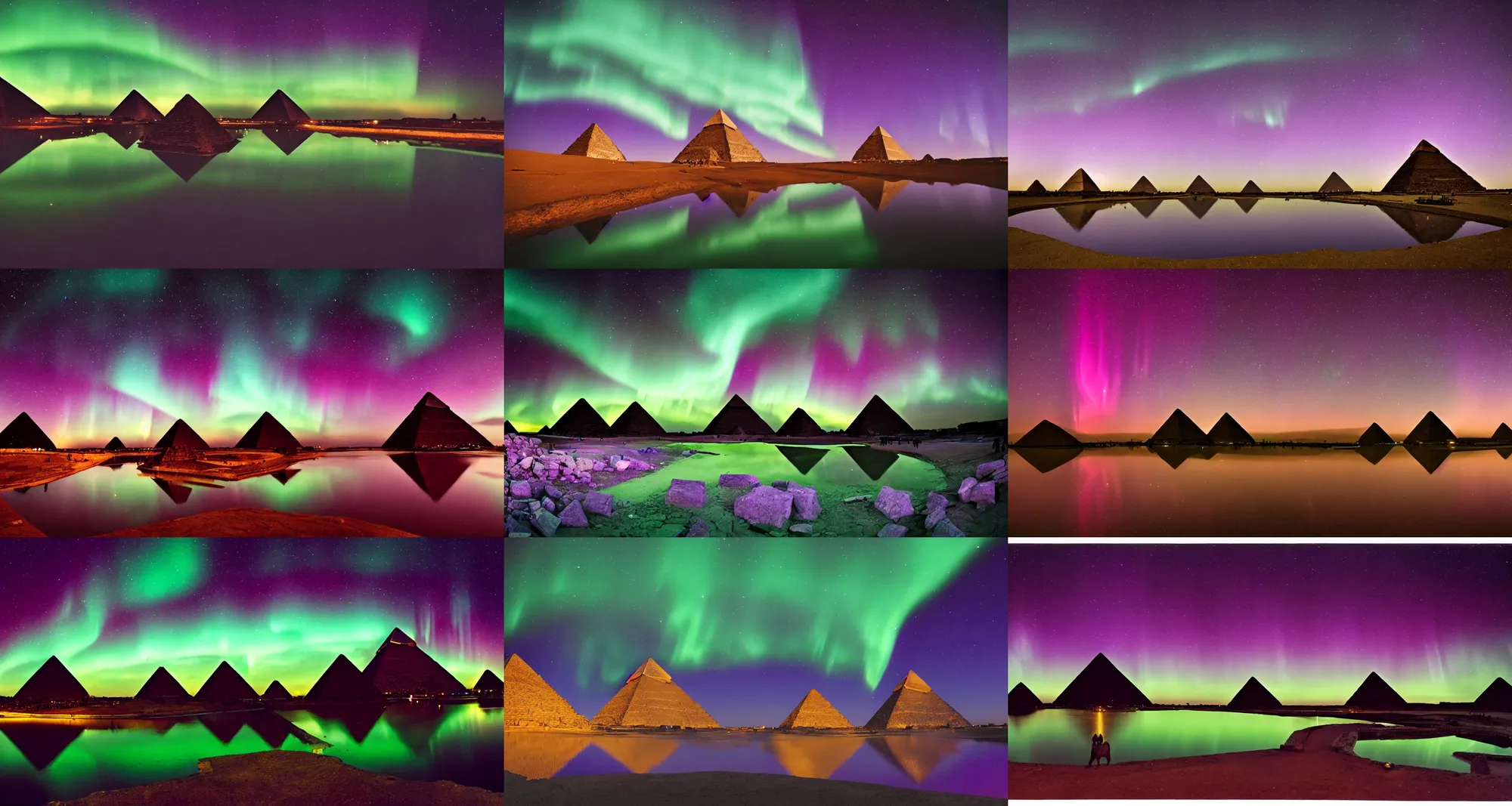 Prompt: an establishing shot of the pyramids of giza, at night time, reflecting pool, milky way, strong aurora overhead, northern lights, purple and green, anamorphic, cinestill colour cinematography