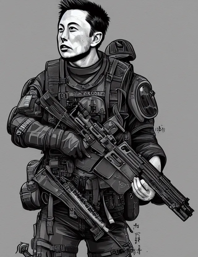 Prompt: a detailed manga illustration of elon musk in tactical gear, trending on artstation, digital art, 4 k resolution, detailed, high quality, sharp focus, hq artwork, coherent, insane detail, character portrait