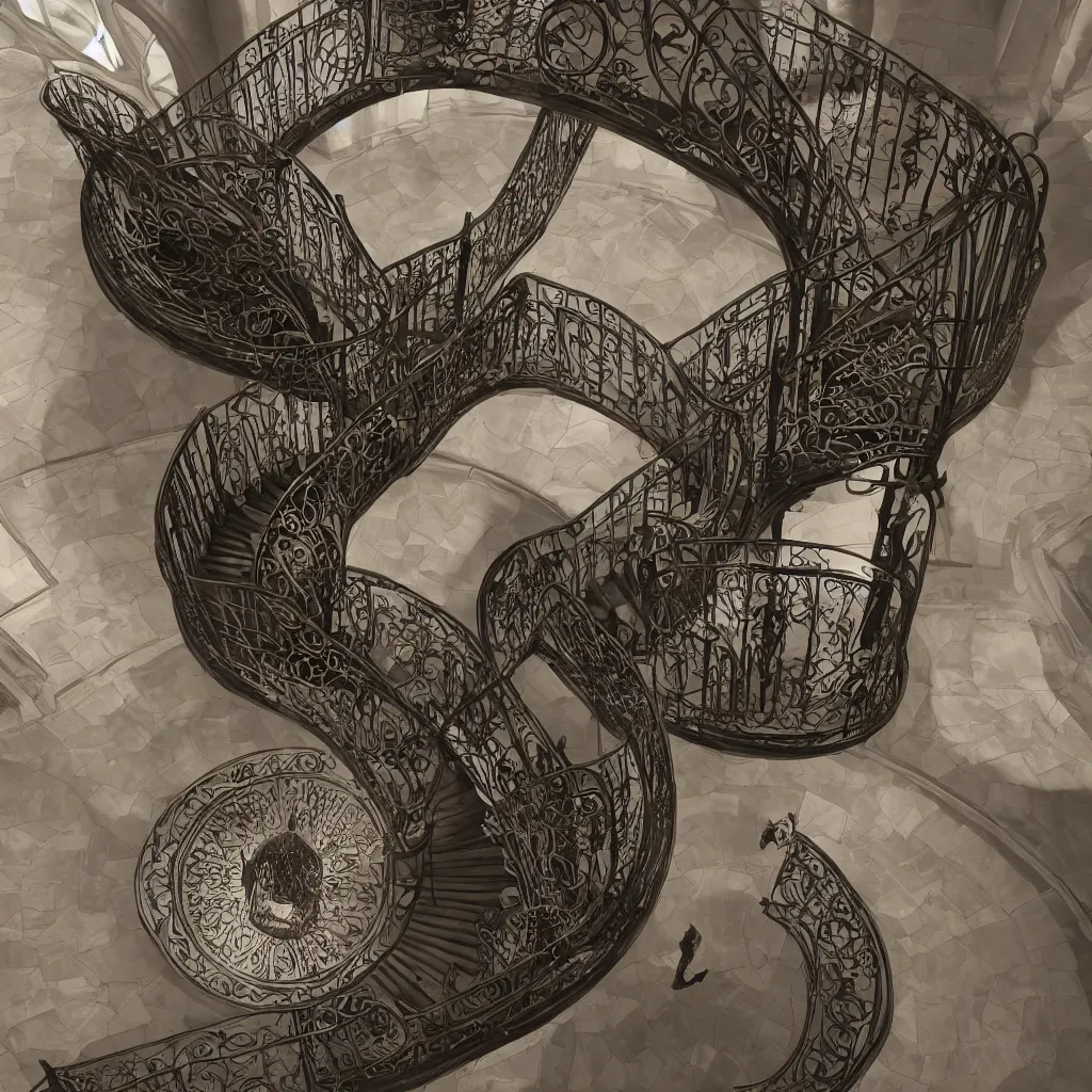 Image similar to a realistic art - nouveau spiral staircase. dark stairs. tall building, seen from the top. realistic shadows of cats. detailed, octane render, hyperrealistic, very coherent, hyper realism, high detail, octane render, 8 k