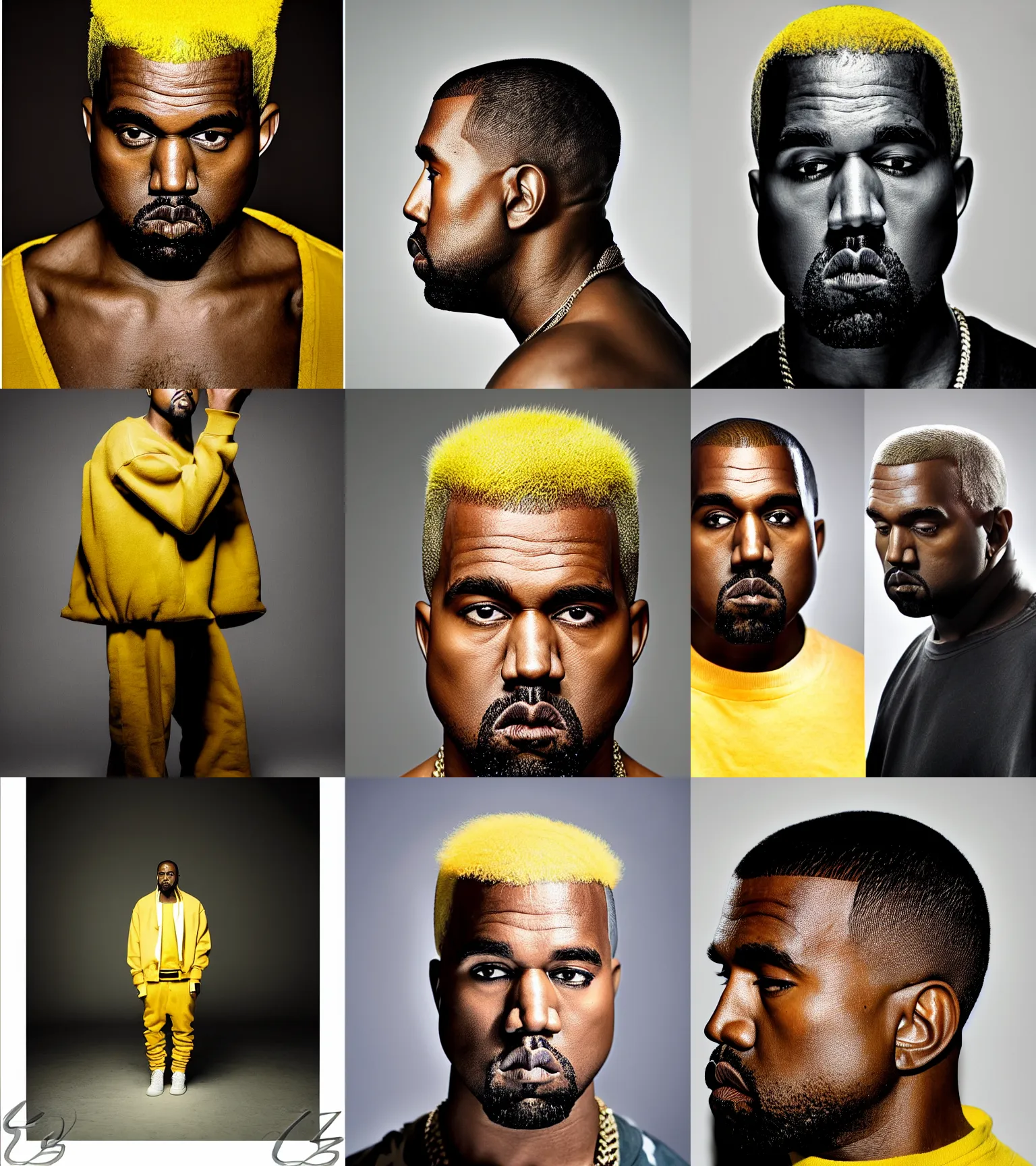 Prompt: kanye west with a hi - top fade haircut, hair dyed yellow, portrait photography, studio lighting