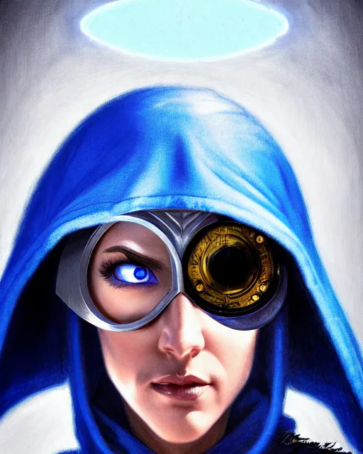 Image similar to ana from overwatch, blue hooded cloak, eye patch, older woman, character portrait, portrait, close up, highly detailed, intricate detail, amazing detail, sharp focus, vintage fantasy art, vintage sci - fi art, radiant light, caustics, by boris vallejo