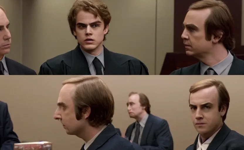 Prompt: anakin skywalker played by hayden christensen wearing jedi robes is talking to a lawyer saul goodman played by bob odenkirk wearing a suit in court, better call saul court scene 1 0 8 0 p, jimmy mcgill in court, court session images, realistic faces