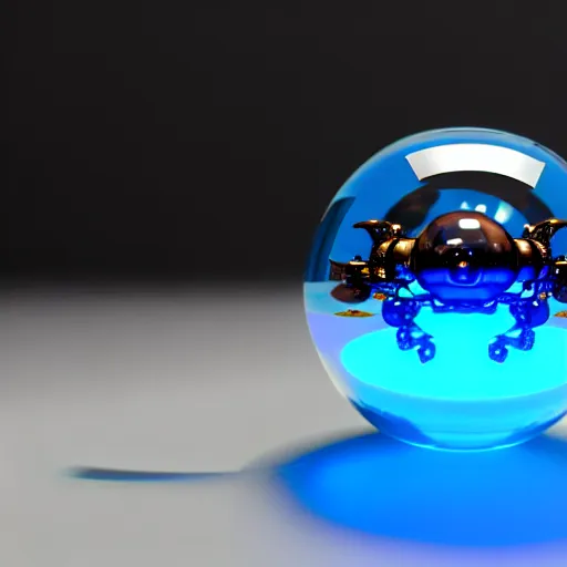Prompt: transparent ball mecha, its legs aren ’ t transparent and there is a fish inside the ball, photorealistic 3 d octane render, unreal engine