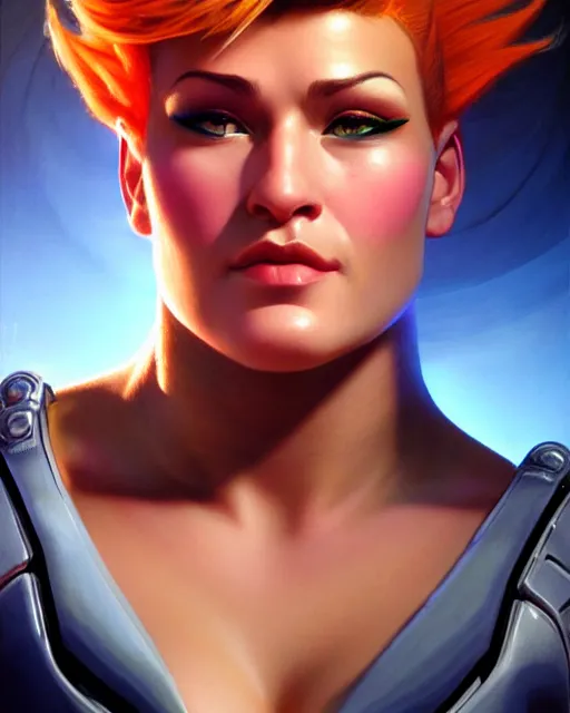 Image similar to zarya from overwatch, character portrait, portrait, close up, highly detailed, intricate detail, amazing detail, sharp focus, vintage fantasy art, vintage sci - fi art, radiant light, caustics, by boris vallejo