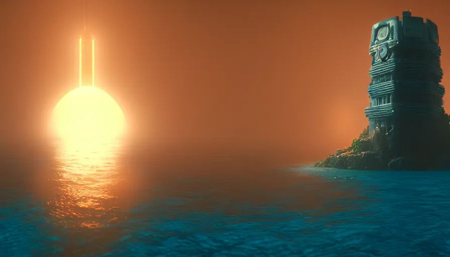 Prompt: a island in the middle of the ocean with a large cyberpunk tower on it, octane, redshift, volumetric lighting, reflections