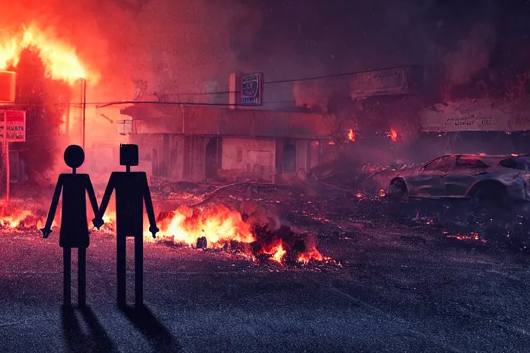 Image similar to vfx film closeup, dead robot couple on the ground holding hands, city street tire tracks fire. flat color profile low - key lighting award winning photography arri alexa cinematography, hyper real photorealistic cinematic atmospheric cool colorgrade