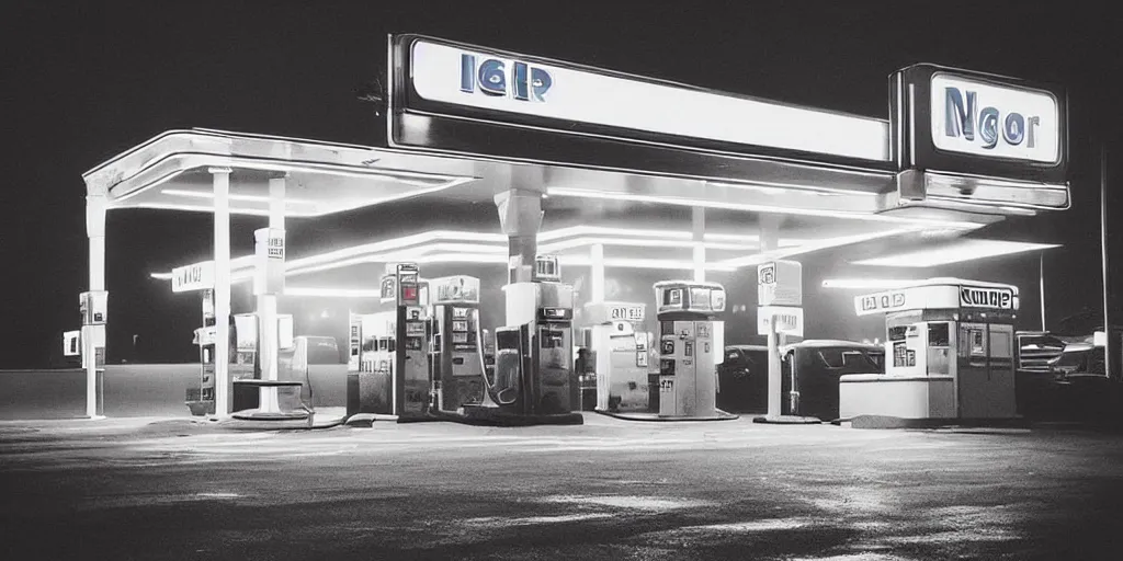 Image similar to “hyper realistic gas station, neon, fog, atmospheric lighting, neon glow, full of colour, photorealistic, award winning photography”