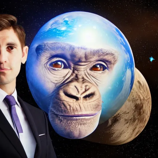 Image similar to double exposure portrait split in the middle, showcasing one astronaut and one chimpanzee in a suit posing with space in the background, pencil art, high definition, dynamic lighting stars, sharpness, golden ratio