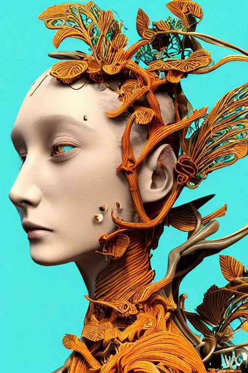 Prompt: cinema 4d colorful render, organic, dark scene, ultra detailed, of a porcelain beautiful young womanface. biomechanical, analog, macro lens, hard light, big leaves and large orange Dragonflies, stems, roots, fine foliage lace, turquoise gold details, high fashion haute couture, art nouveau fashion embroidered, intricate details, mesh wire, mandelbrot fractal, anatomical, facial muscles, cable wires, elegant, hyper realistic, in front of dark flower pattern wallpaper, ultra detailed