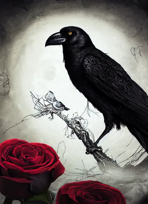 Image similar to portrait, A crow with red eyes in front of the full big moon, book cover, red roses, red white black colors, establishing shot, extremly high detail, foto realistic, cinematic lighting, pen and ink, intricate line drawings, by Yoshitaka Amano, Ruan Jia, Kentaro Miura, Artgerm, post processed, concept art, artstation, matte painting, style by eddie mendoza, raphael lacoste, alex ross