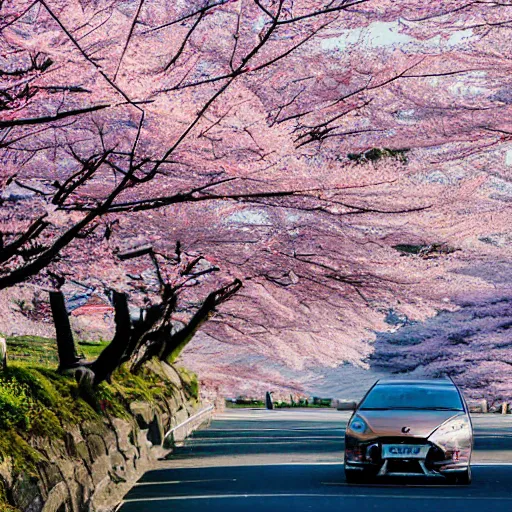 Image similar to A Nissan Skyline at mount fuji early in the morning, cherry Blossom trees