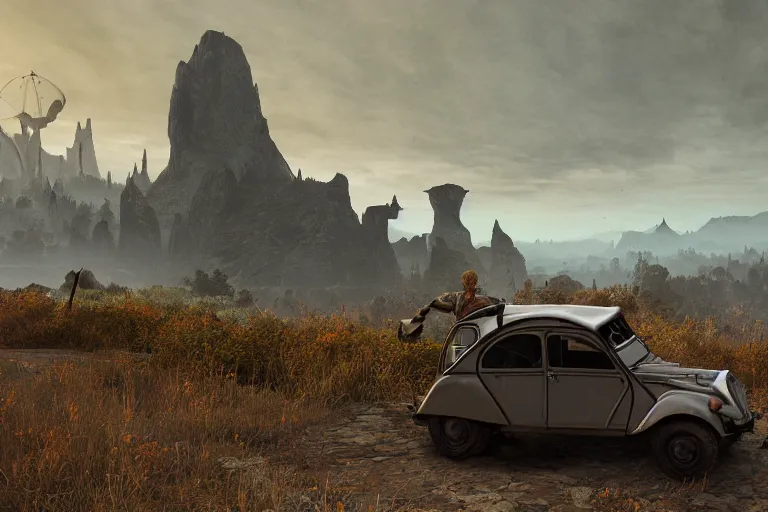 Image similar to offroad citroen 2 cv ( 1 9 6 5 ) of daedric design driving across the rift, daedric axe stored on the side of the car, leather and cloth traveller backpacks on roof, riften city in the background, epic fantasy, autumn, the elder scrolls v : skyrim, dramatic lighting, establishing shot, by simon stalenhag